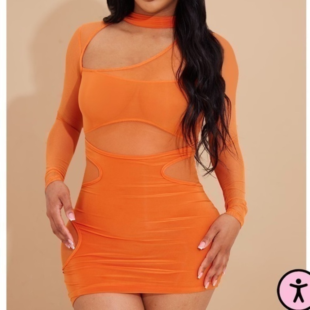 NWT PrettyLittleThing Shape Mesh Slinky Overlay Long Sleeve Bodycon Dress Sz 10